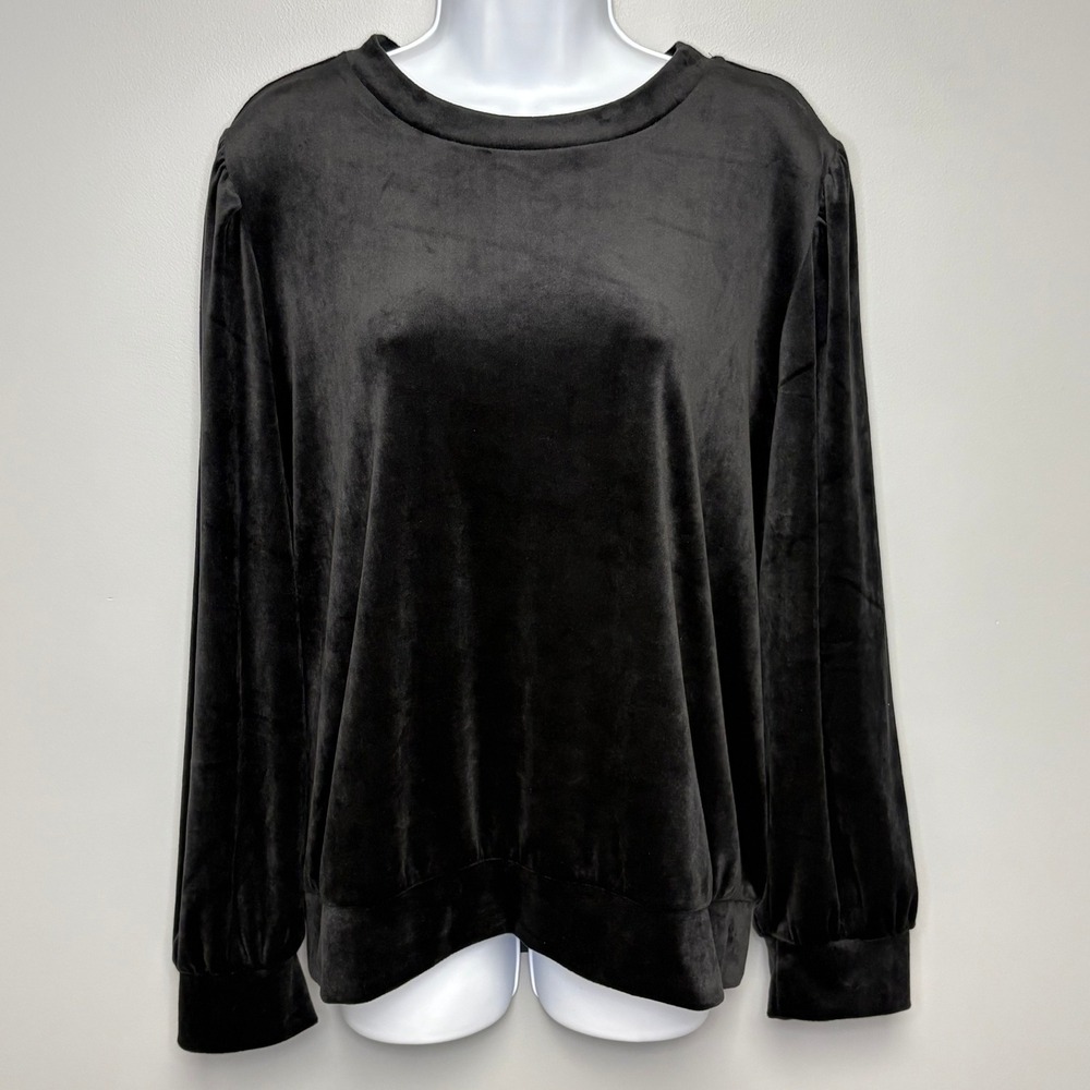 LOFT Black Velour Cozy Long Puff Sleeve Crew Neck Fall Winter Blouse Womens XL